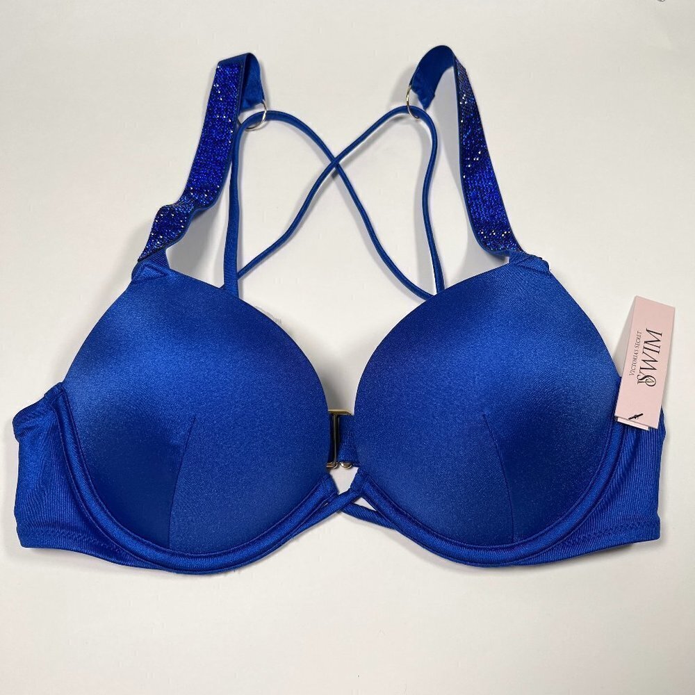 Victoria Secret 36A Bombshell Push Up Bikini Top Adds 2 Cups Shine Strap Blue